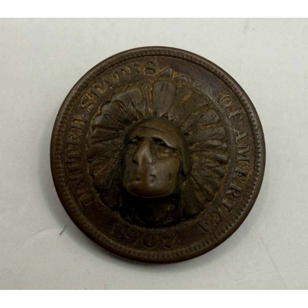 Vintage‎ 1907 Indian Head Penny Coin Brooch Pin Repoussé Americana Western